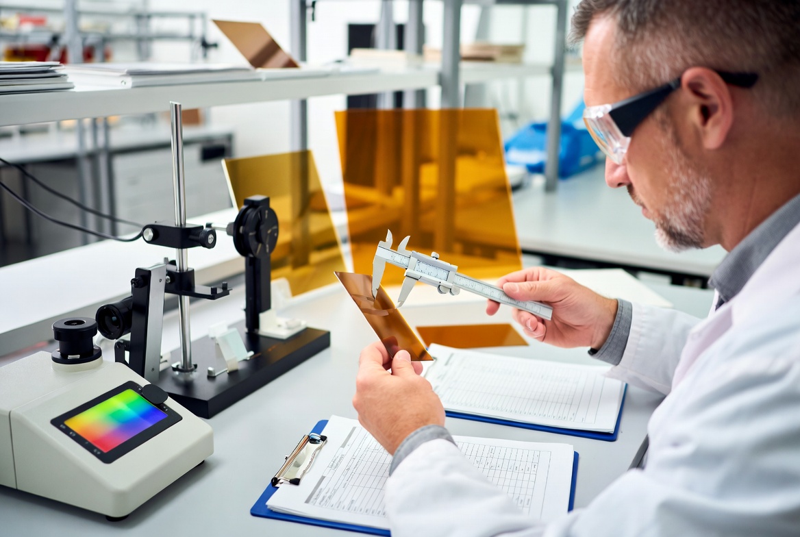 Инспектор по контролю качества тестирует образцы листов ABS